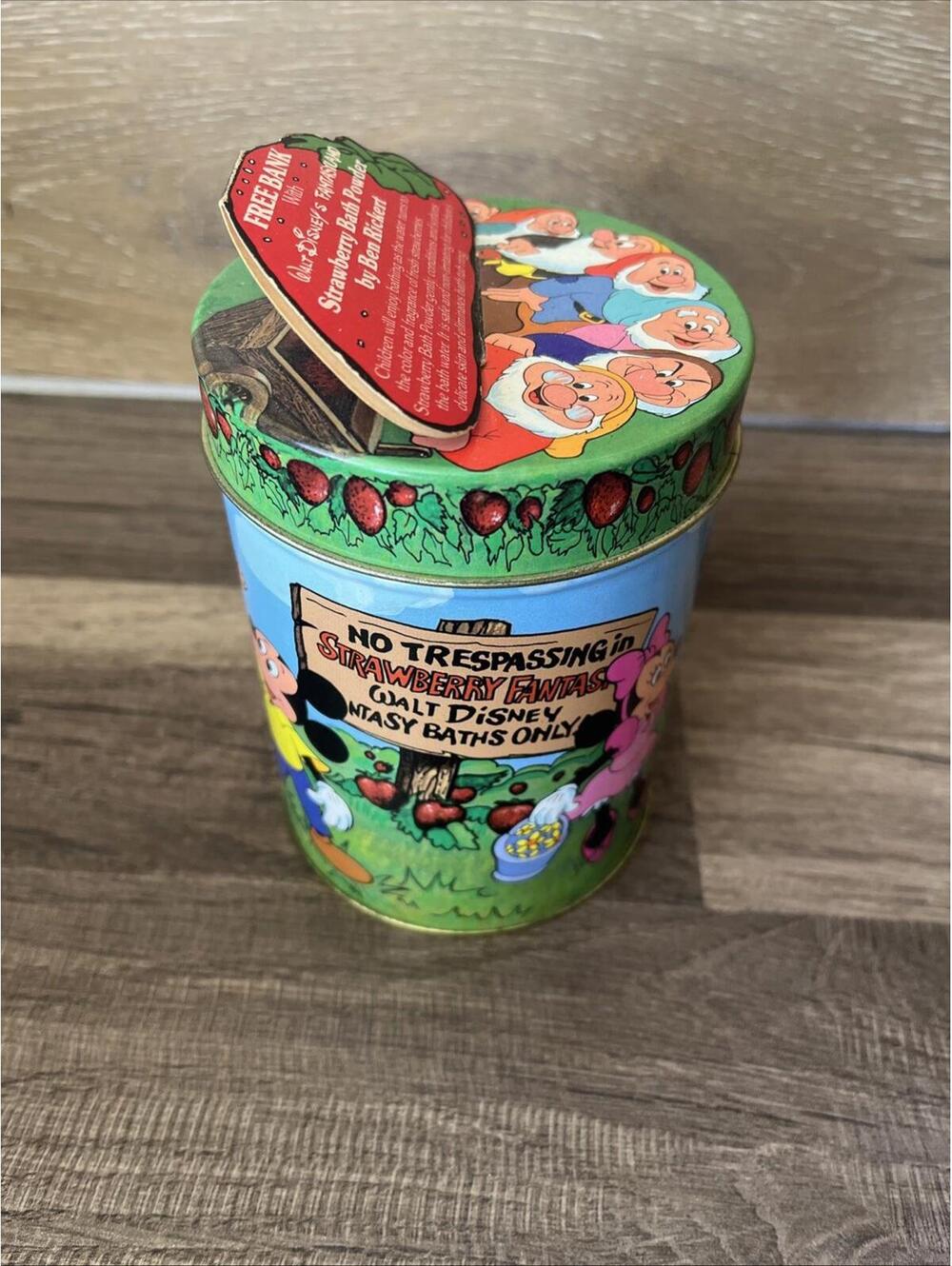 Vintage Walt Disney Bank Tin Characters Fantasy Land Strawberry Bath Powder